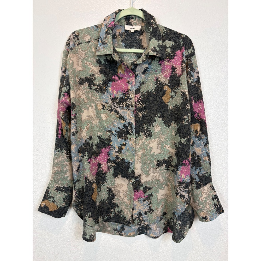 Entro Women Tiger Abstract Forest Print Button Down Shirt Blouse Small Nature